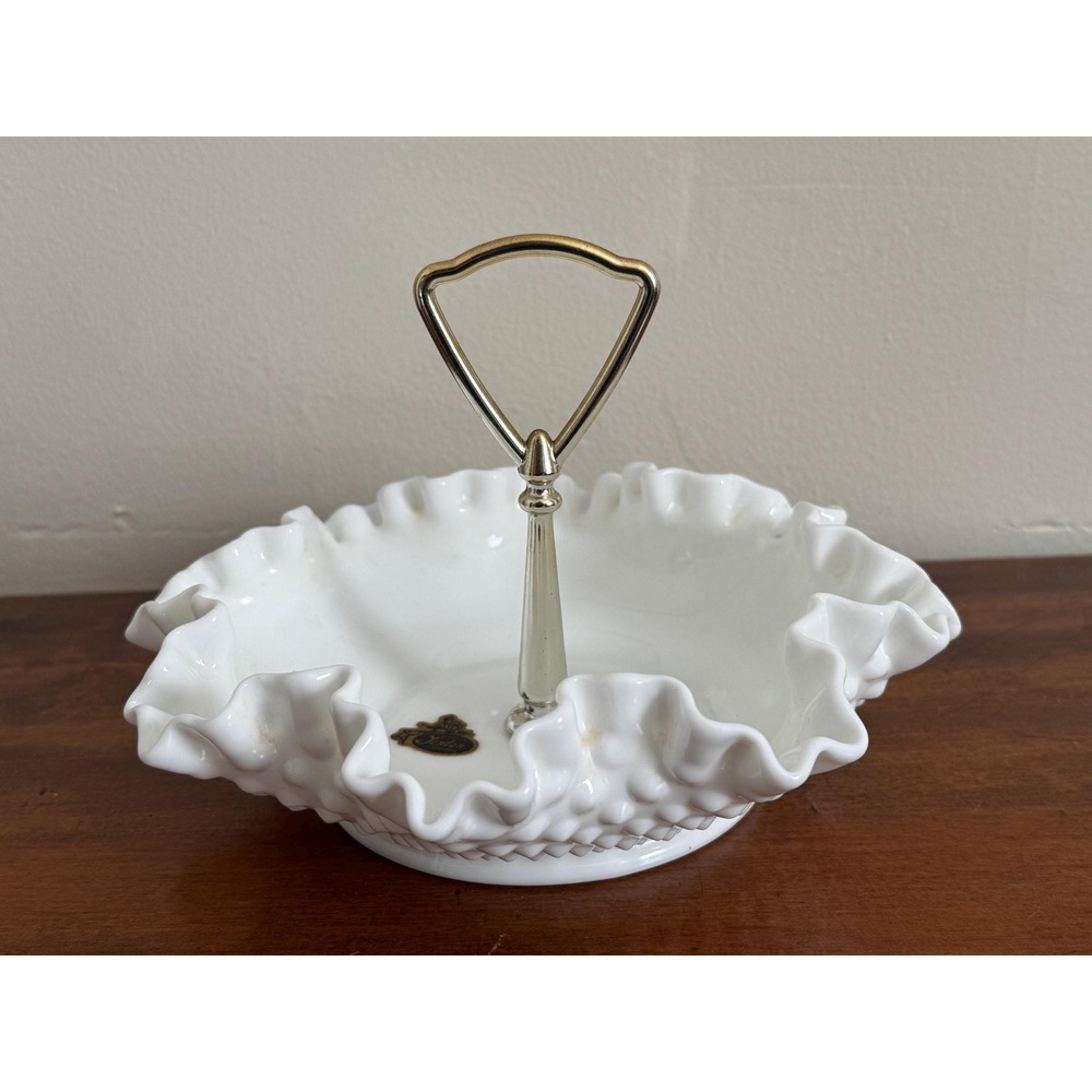 Vintage Fenton Glass Hobnail Milk Glass Bon Bon Tray with Ruffed